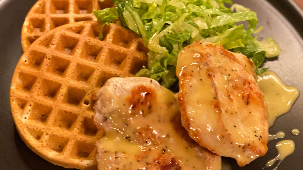 Pan-Seared Chicken Medallions with Lentil Waffles and Maple Dijon Vinaigrette