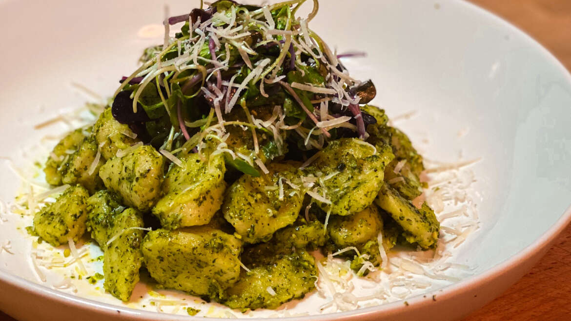Fresh Gnocchi with Pea Shoot Pesto and Parmesan