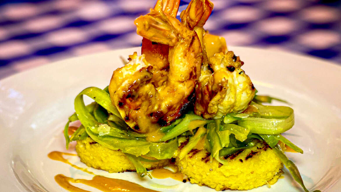 Grilled Peach Shrimp on Coconut Polenta Cakes with Asparagus Parmigiana