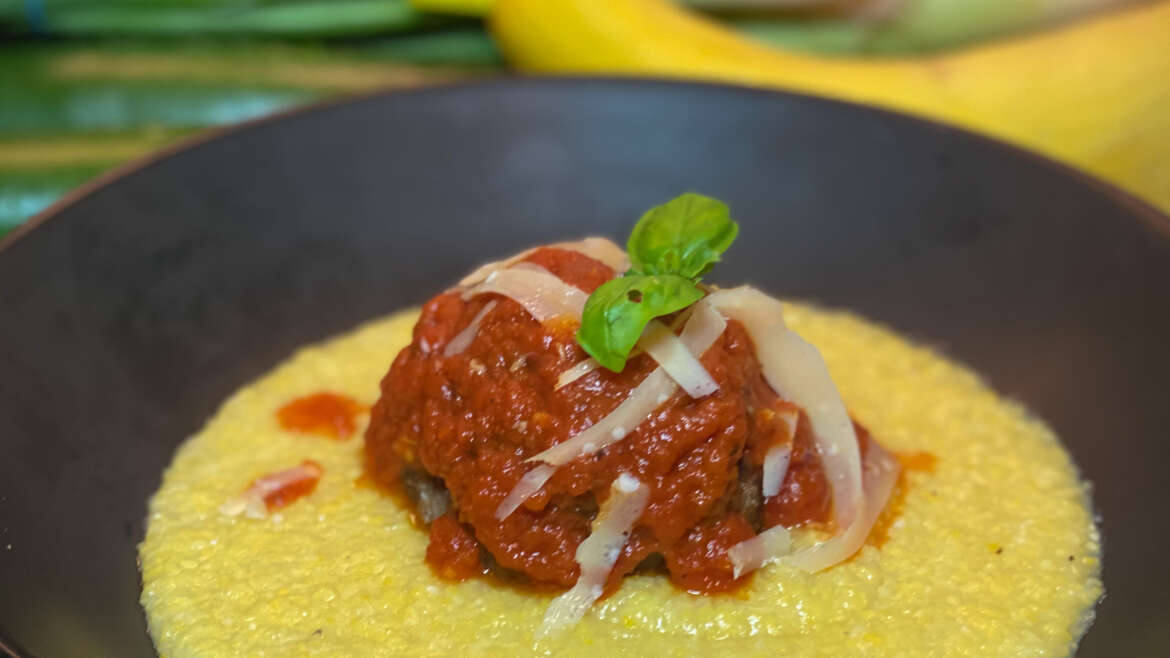 The Meatball: House-Ground Brisket on Soft Polenta with Tomato Cream Sauce