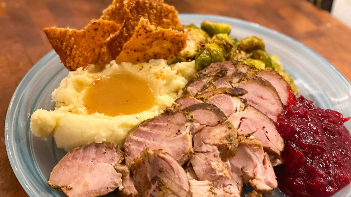 Deconstructed Turkey Dinner with Cranberry Gastrique and Sweet Potato Purée