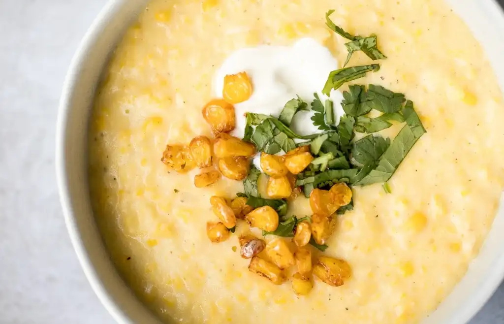 Sweet Corn Soup with Chipotle, Lime, & Crema