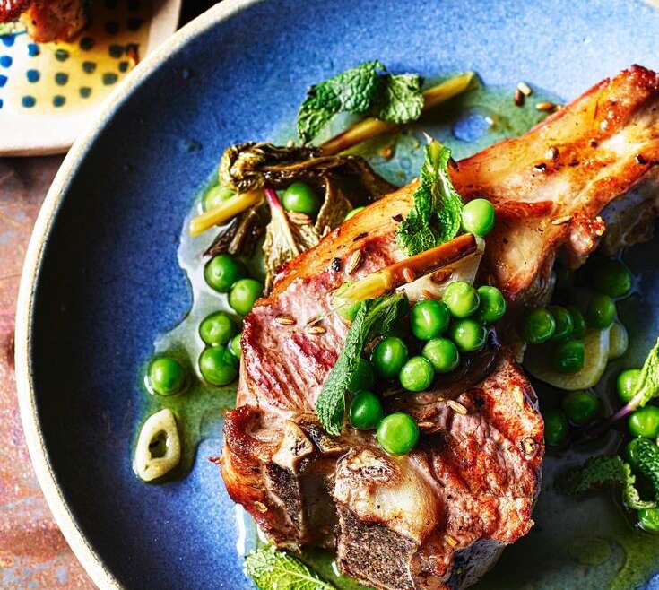 Hay-Smoked Lamb Chops with Red Currant Glaze and Peas Francois