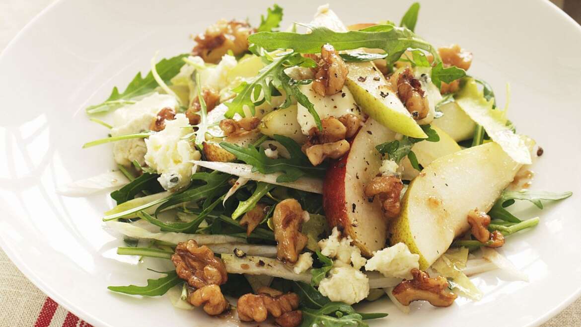 Endive Salad with Pear, Blue Cheese, and Candied Walnuts