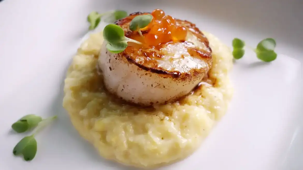 Bourbon-Flambéed Scallop with Sweet Corn Purée and Pear Gastrique