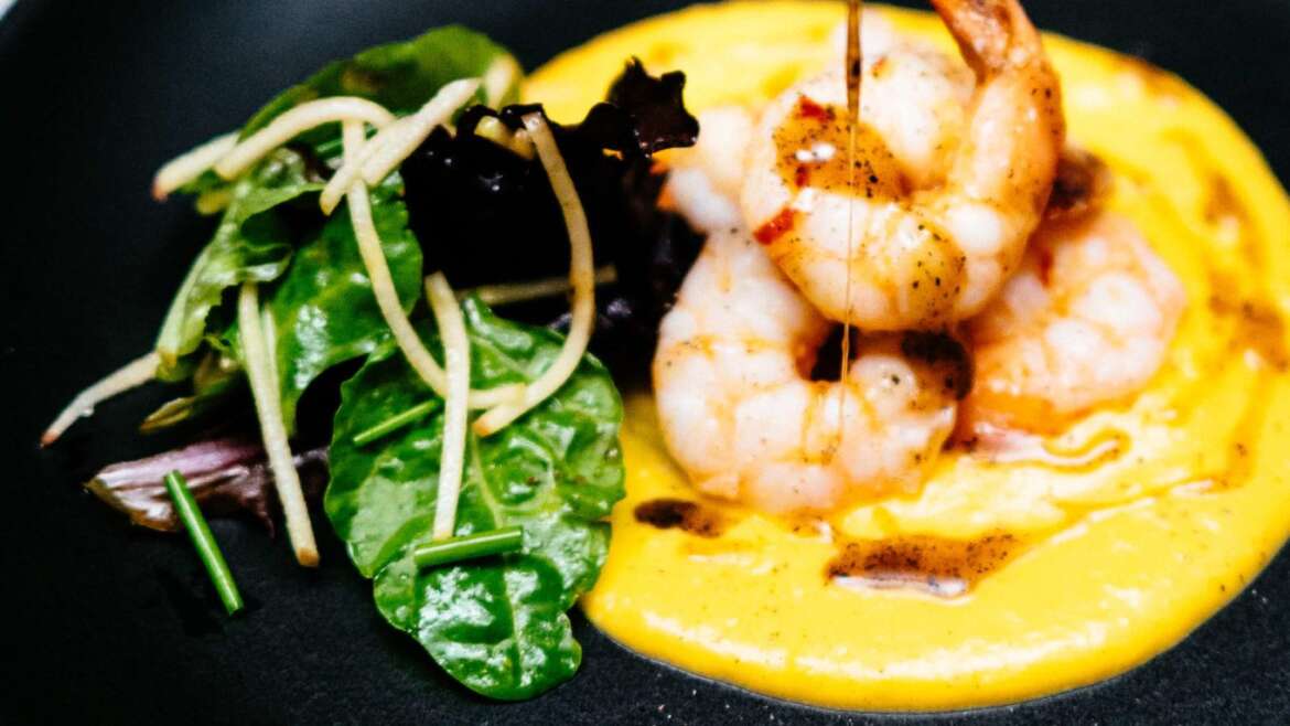 Whiskey-Glazed Shrimp with Acorn Squash Purée and Apple Gastrique