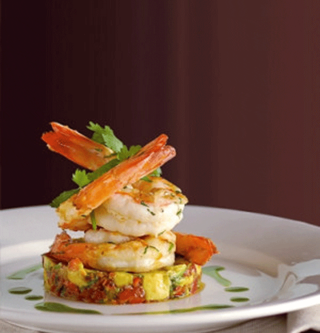Crispy Potato Stack with Avocado, Spicy Tomato, and Shrimp Cocktail